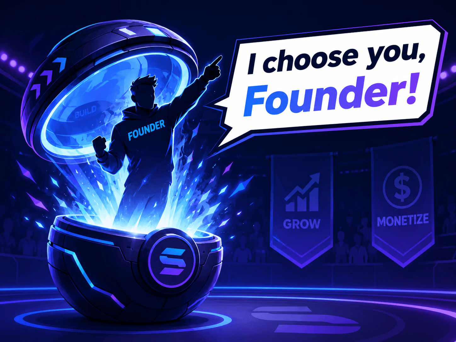 play off of a pocket monster game with a founder coming out of a ball and the words "I choose you founder!"