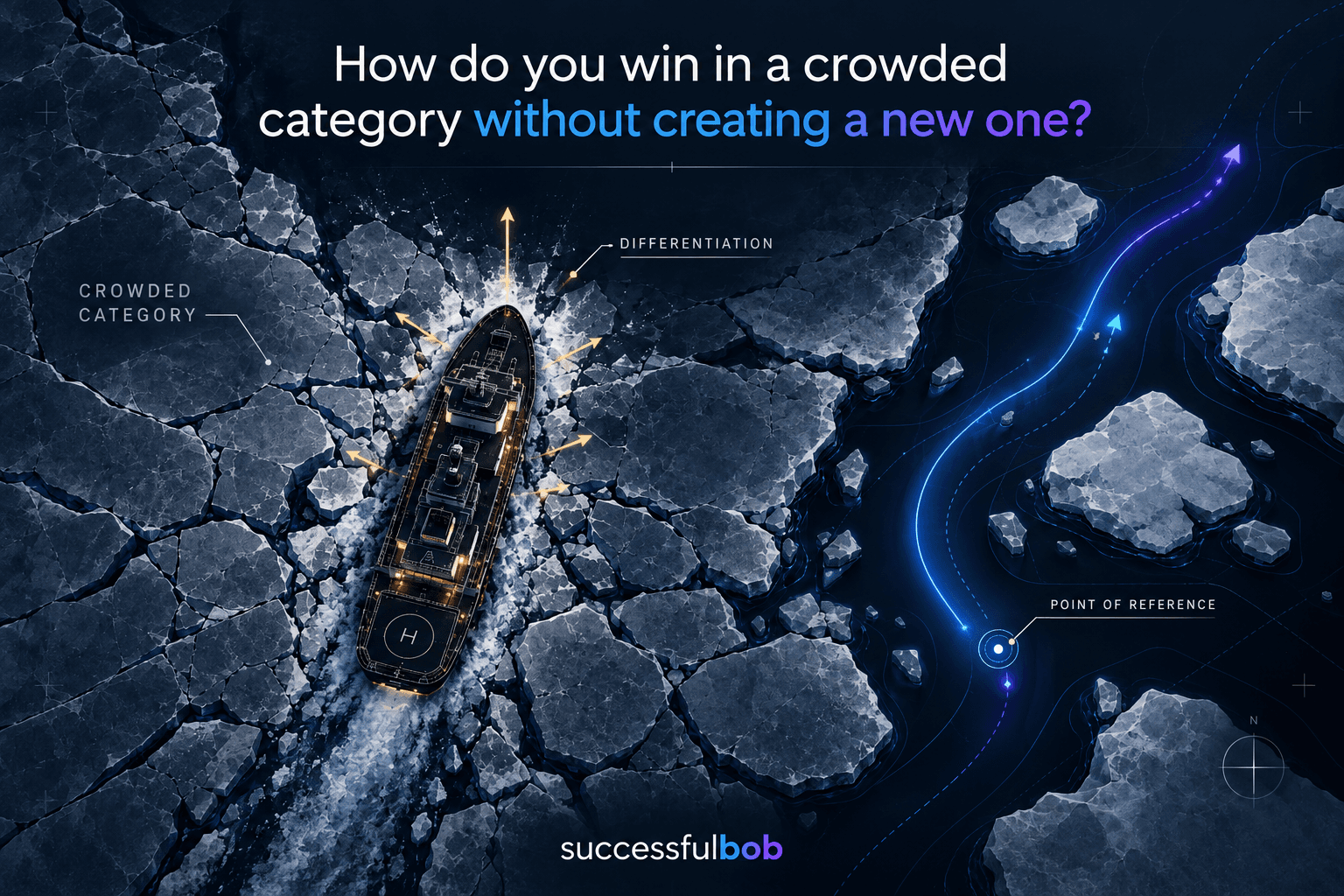 Successfulbob branded schematic showing an icebreaker forcing a path through a crowded field of ice while a clearer alternate route illustrates reframing an existing category instead of creating a new one.