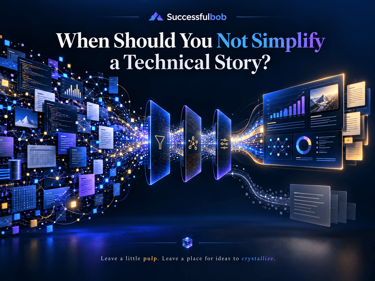 Successfulbob article graphic showing a complex technical data flow being filtered through several stages into a clear executive-facing dashboard, illustrating selective simplification without losing useful detail.